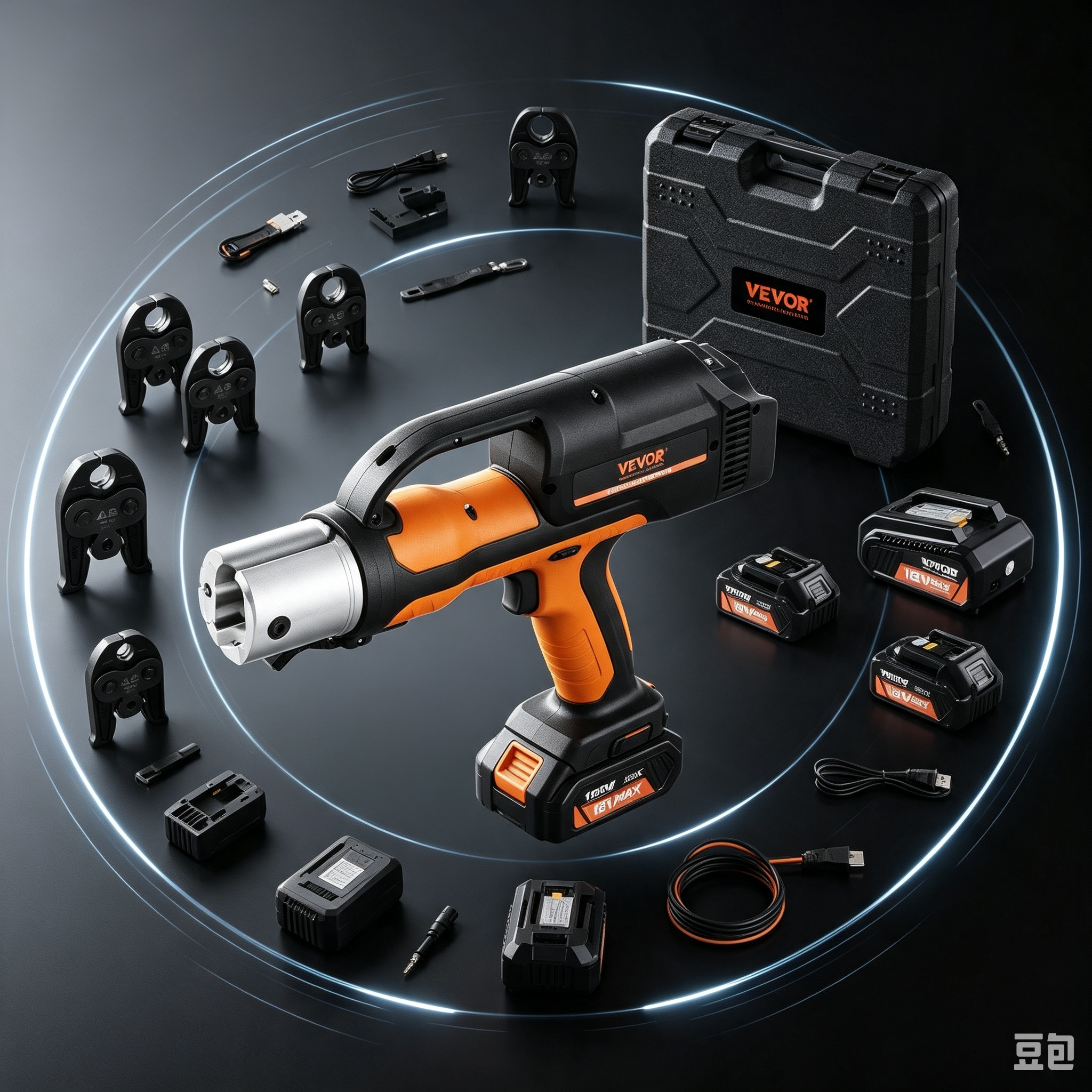 Professional 18V Cordless Electric Pipe Crimping Tool Kit – 32kN Force, 6 Crimping Jaws, Dual 4Ah Batteries