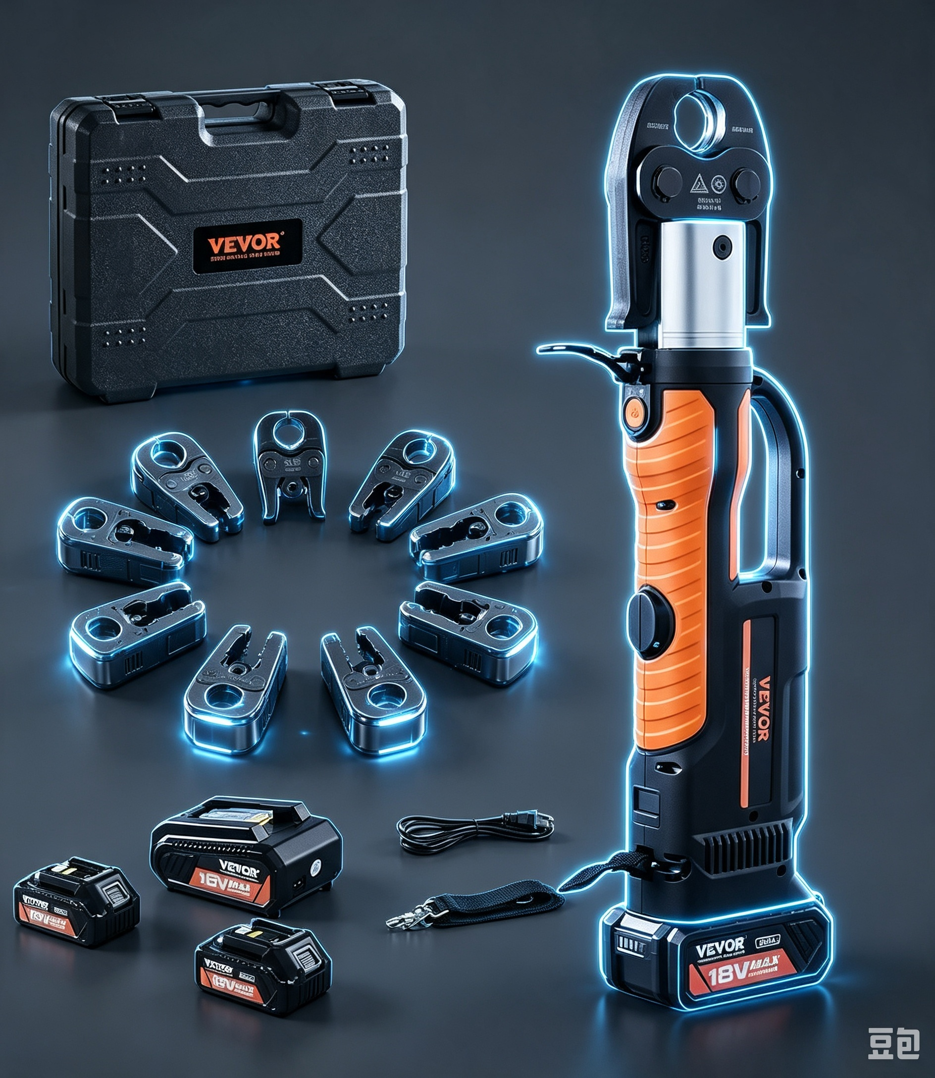 Professional 18V Cordless Electric Pipe Crimping Tool Kit – 32kN Force, 6 Crimping Jaws, Dual 4Ah Batteries