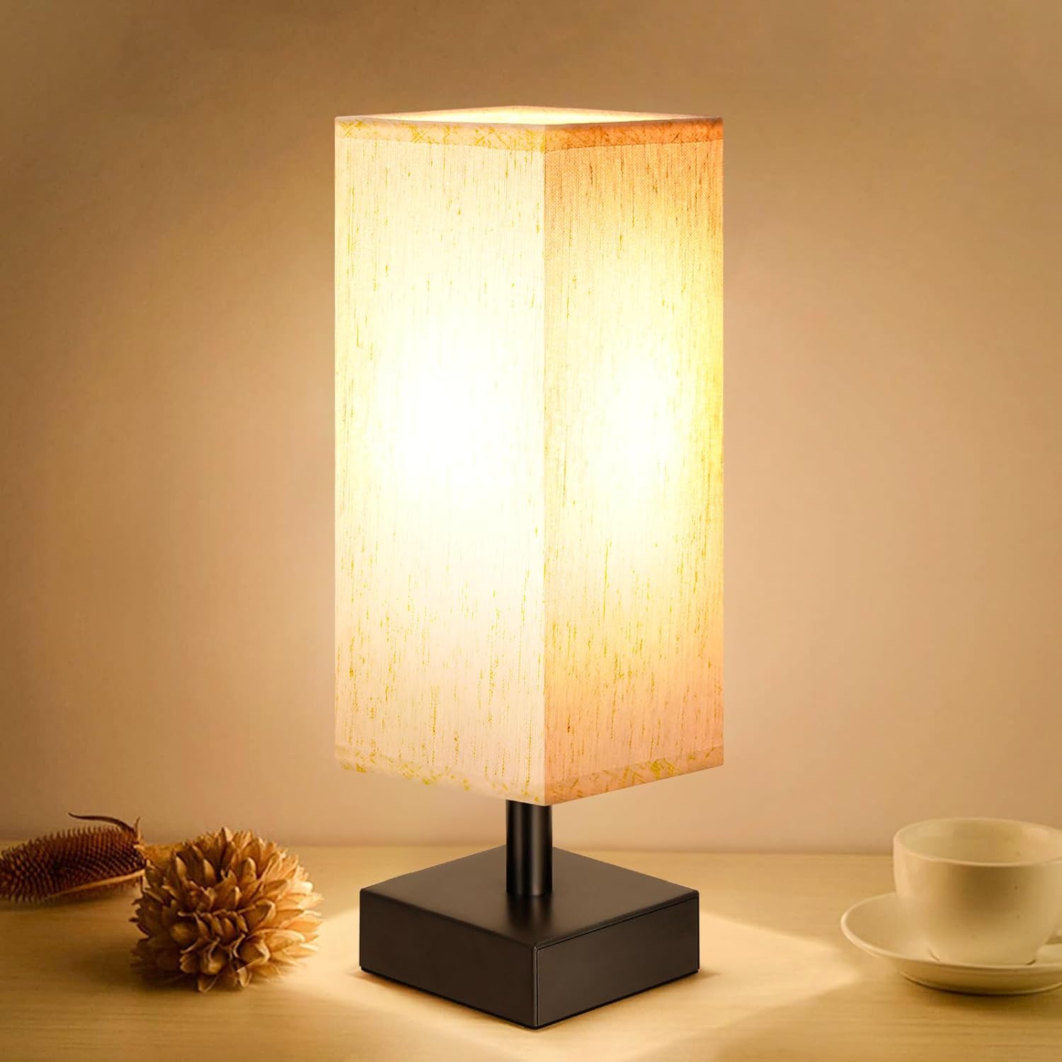 Small Table Lamp for Bedroom -Stand Light Lamp with Square Fabric Shade