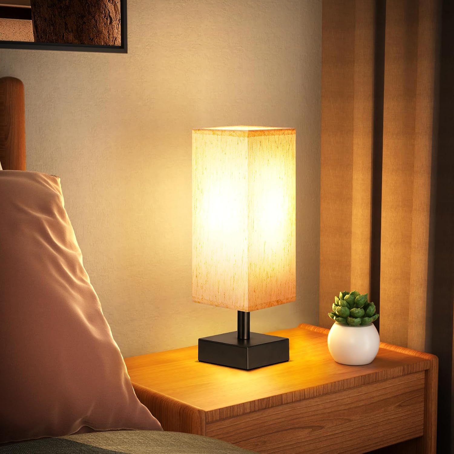 Small Table Lamp for Bedroom -Stand Light Lamp with Square Fabric Shade