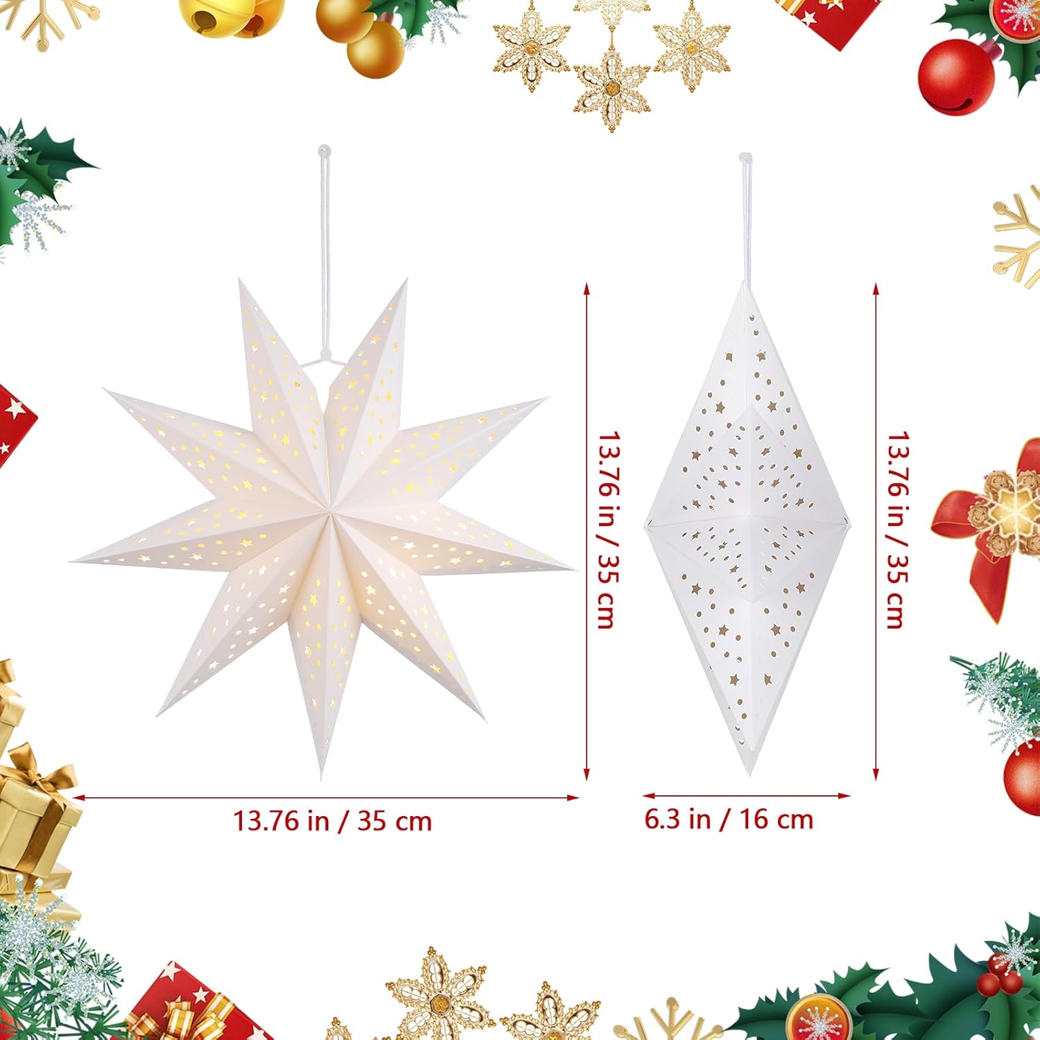 3Pcs Paper Star Lantern Lampshade 9 Pointed Star Hanging Decorations