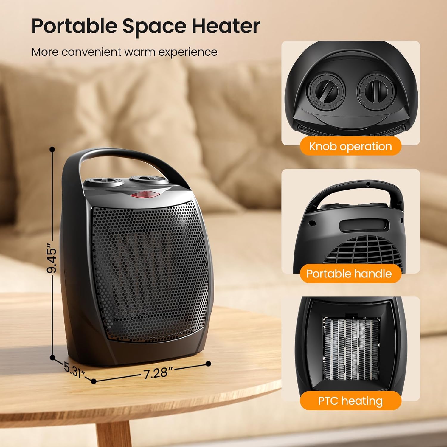 Electric Space Heater with Adjustable Thermostat and Overheat Protection