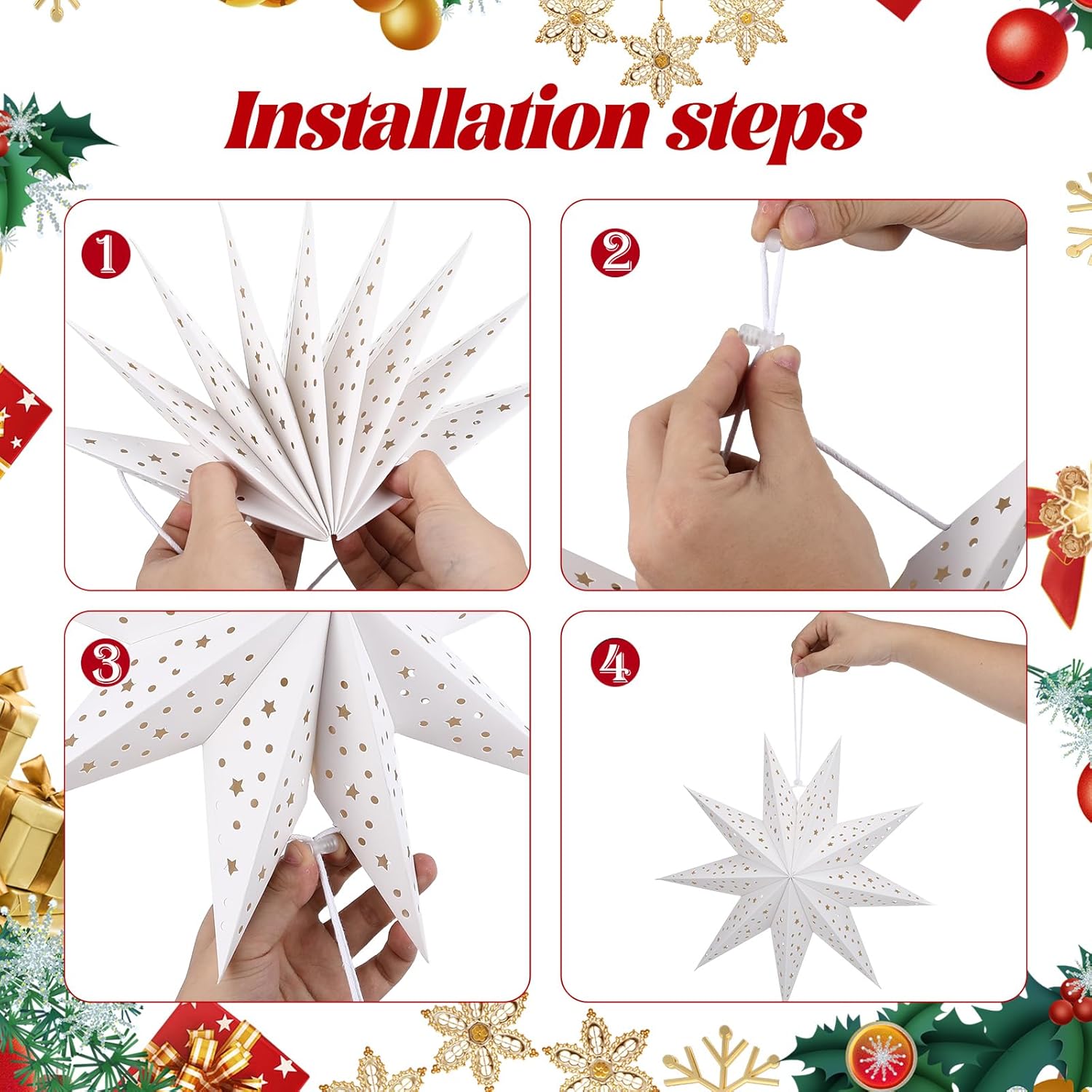 3Pcs Paper Star Lantern Lampshade 9 Pointed Star Hanging Decorations