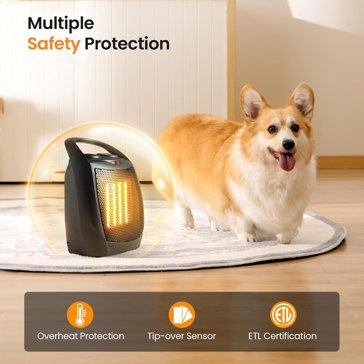 Electric Space Heater with Adjustable Thermostat and Overheat Protection