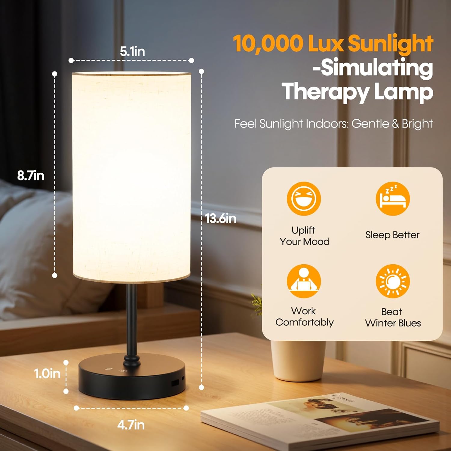 Light Therapy Lamp,10000 Lux Sun Lamp with Remote,3 Color Temperatures & Stepless Dimming,Happy Sunlight Lamp ,UV-Free Full Spectrum Light