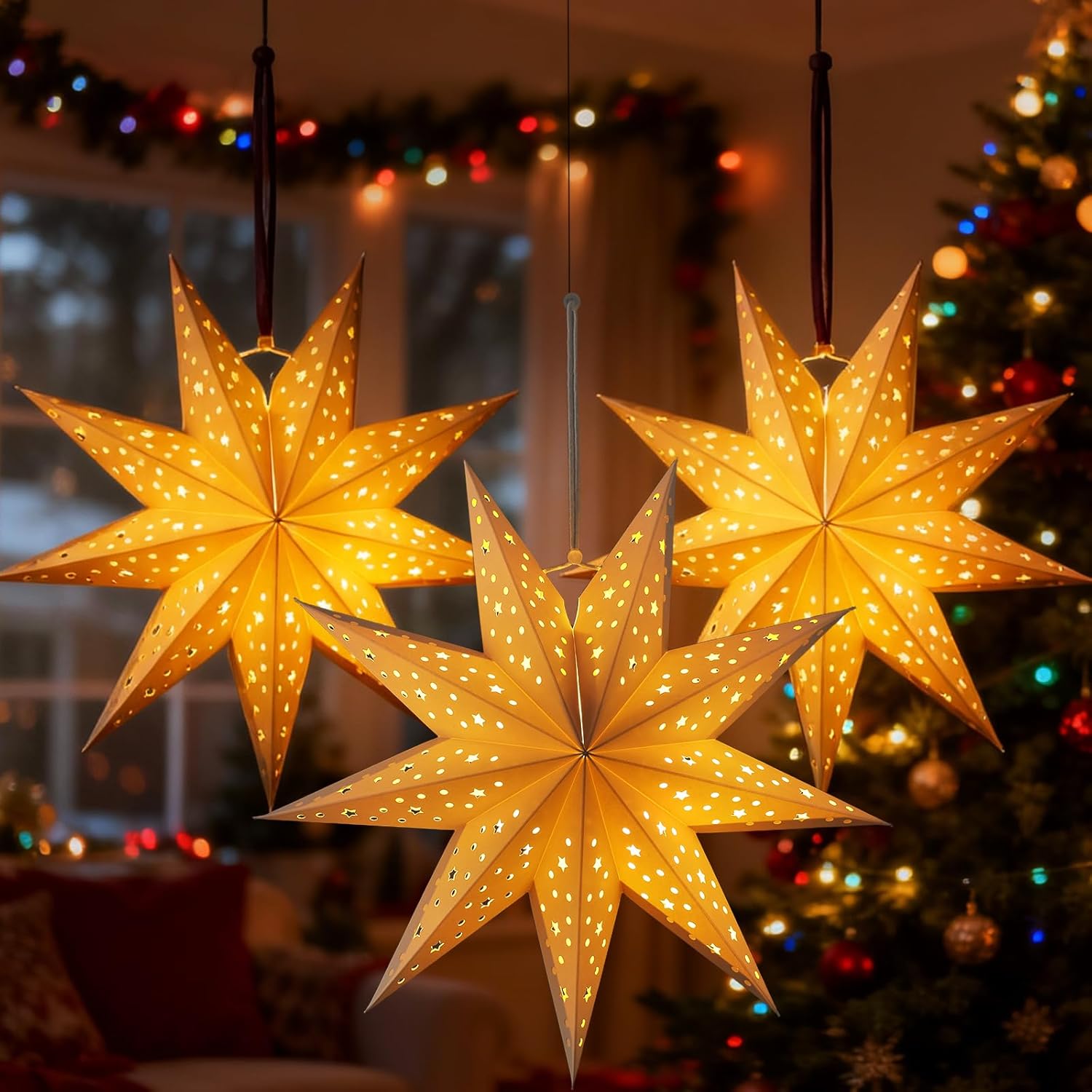 3Pcs Paper Star Lantern Lampshade 9 Pointed Star Hanging Decorations