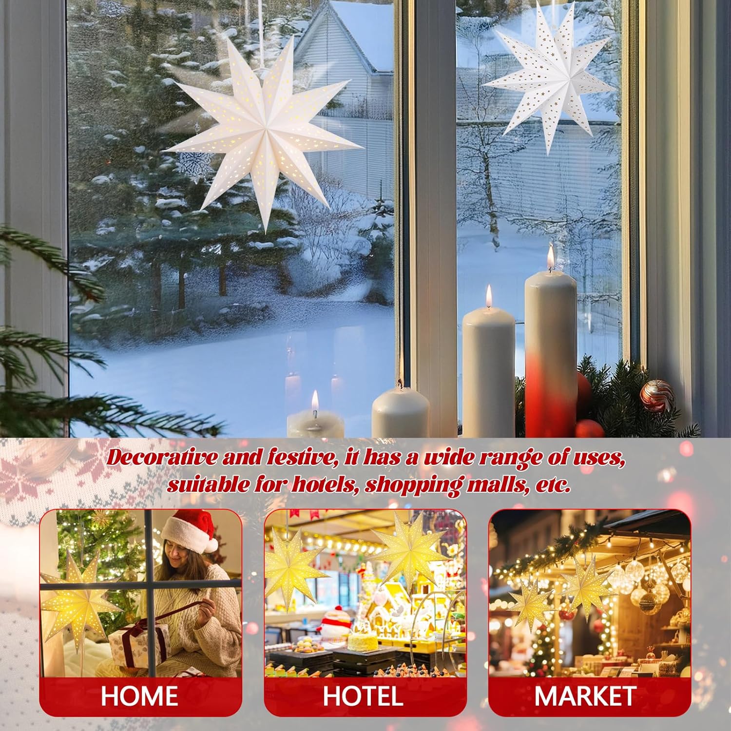 3Pcs Paper Star Lantern Lampshade 9 Pointed Star Hanging Decorations
