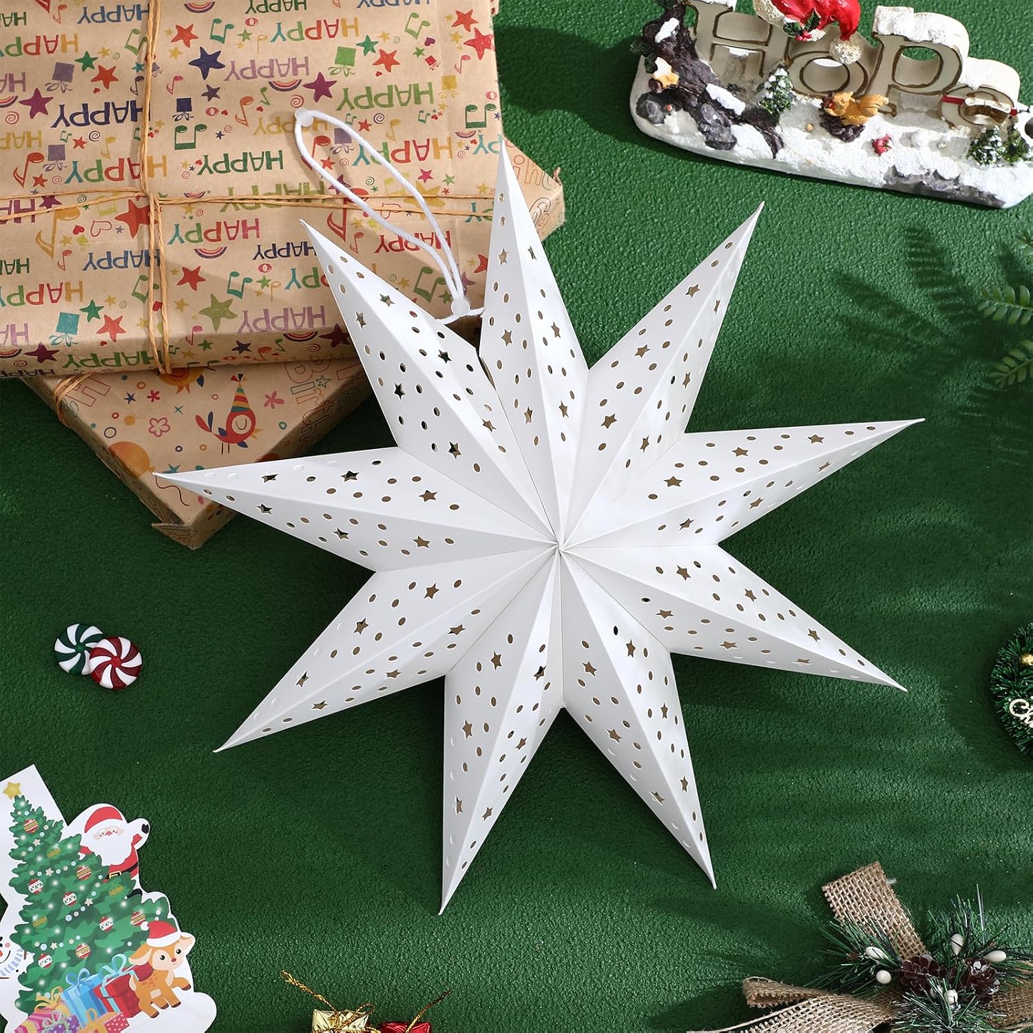 3Pcs Paper Star Lantern Lampshade 9 Pointed Star Hanging Decorations