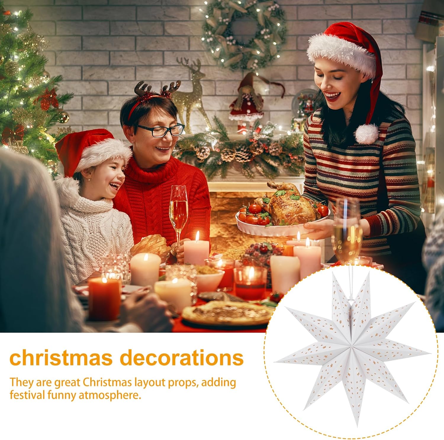 3Pcs Paper Star Lantern Lampshade 9 Pointed Star Hanging Decorations
